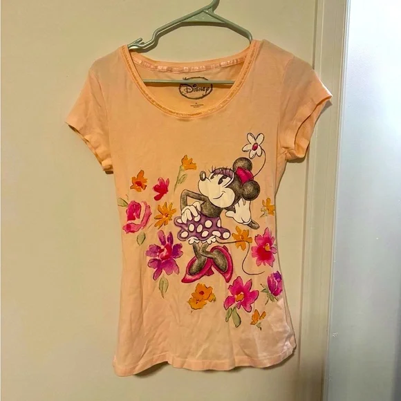 Disney Minnie Mouse Pink Pajama Set Short Sleeve Top Pants Floral Flower - Picture 2 of 6